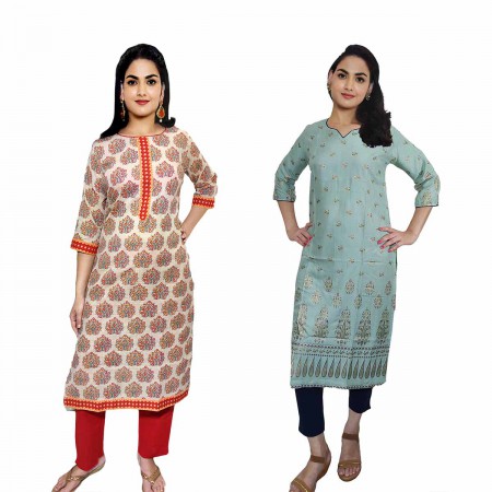 Women Printed Rayon & Cotton Straight Kurti ( Pack of 2 )