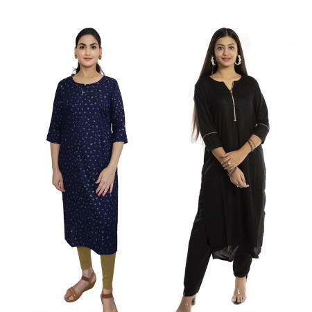 Women Printed Rayon & Solid Rayon Straight Kurti ( Pack of 2 )