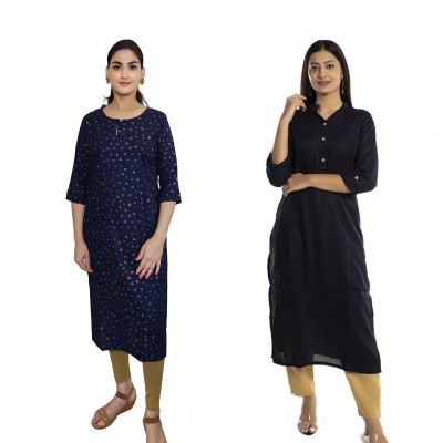 Women Printed Rayon & Solid Rayon Straight Kurti ( Pack of 2 )