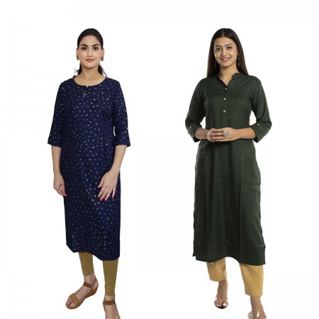 Women Printed Rayon & Solid Rayon Straight Kurti ( Pack of 2 )