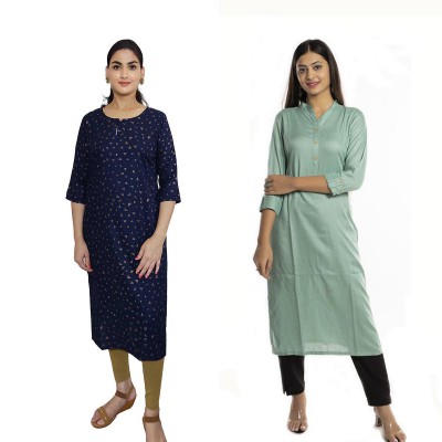 Women Printed Rayon & Solid Rayon Straight Kurti ( Pack of 2 )