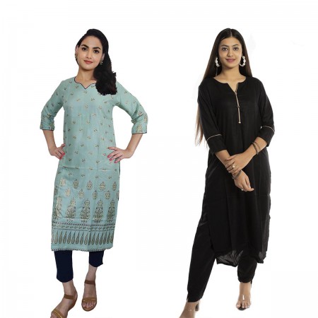 Women Printed Rayon & Solid Rayon Straight Kurti ( Pack of 2 )