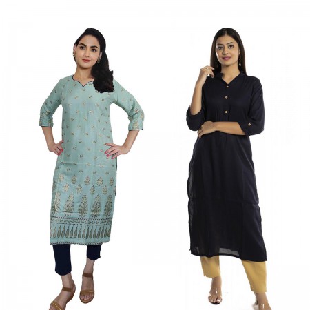 Women Printed Rayon & Solid Rayon Straight Kurti ( Pack of 2 )