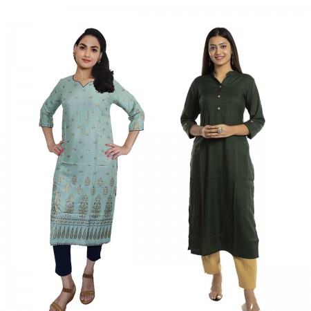 Women Printed Rayon & Solid Rayon Straight Kurti ( Pack of 2 )