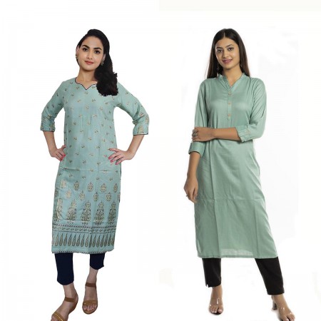 Women Printed Rayon & Solid Rayon Straight Kurti ( Pack of 2 )