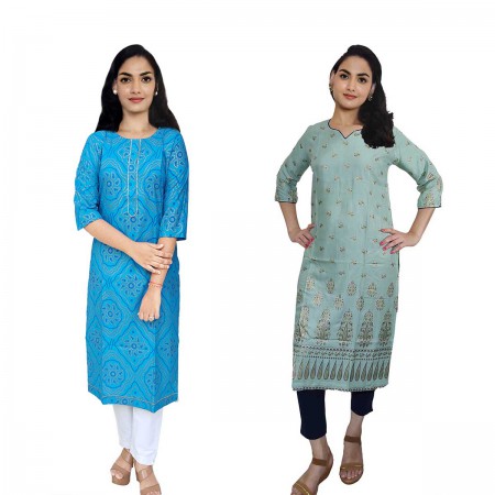 Women Printed Rayon Straight Kurti ( Pack of 2 )