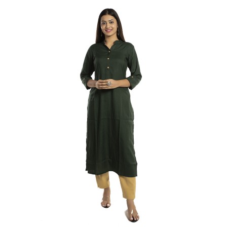 Dark Green Solid Straight Rayon Kurti For Women