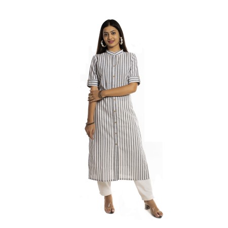 Grey Stripe Straight Cotton Kurti For Women