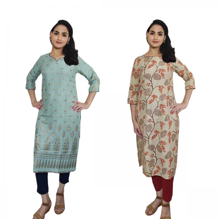 Women Printed Cotton & Rayon Straight Kurti ( Pack of 2 )